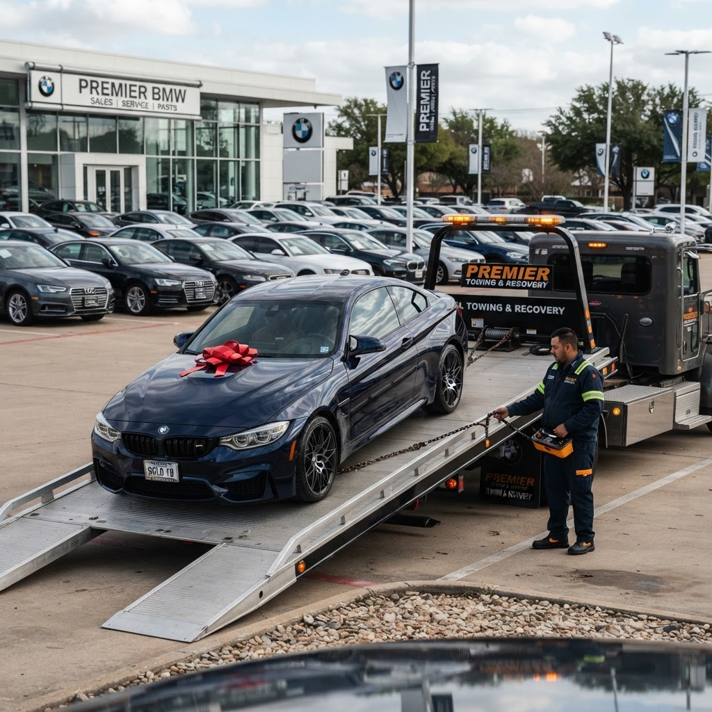 Ką tik pirktas automobilis kraunamas ant tralo aikštelėje