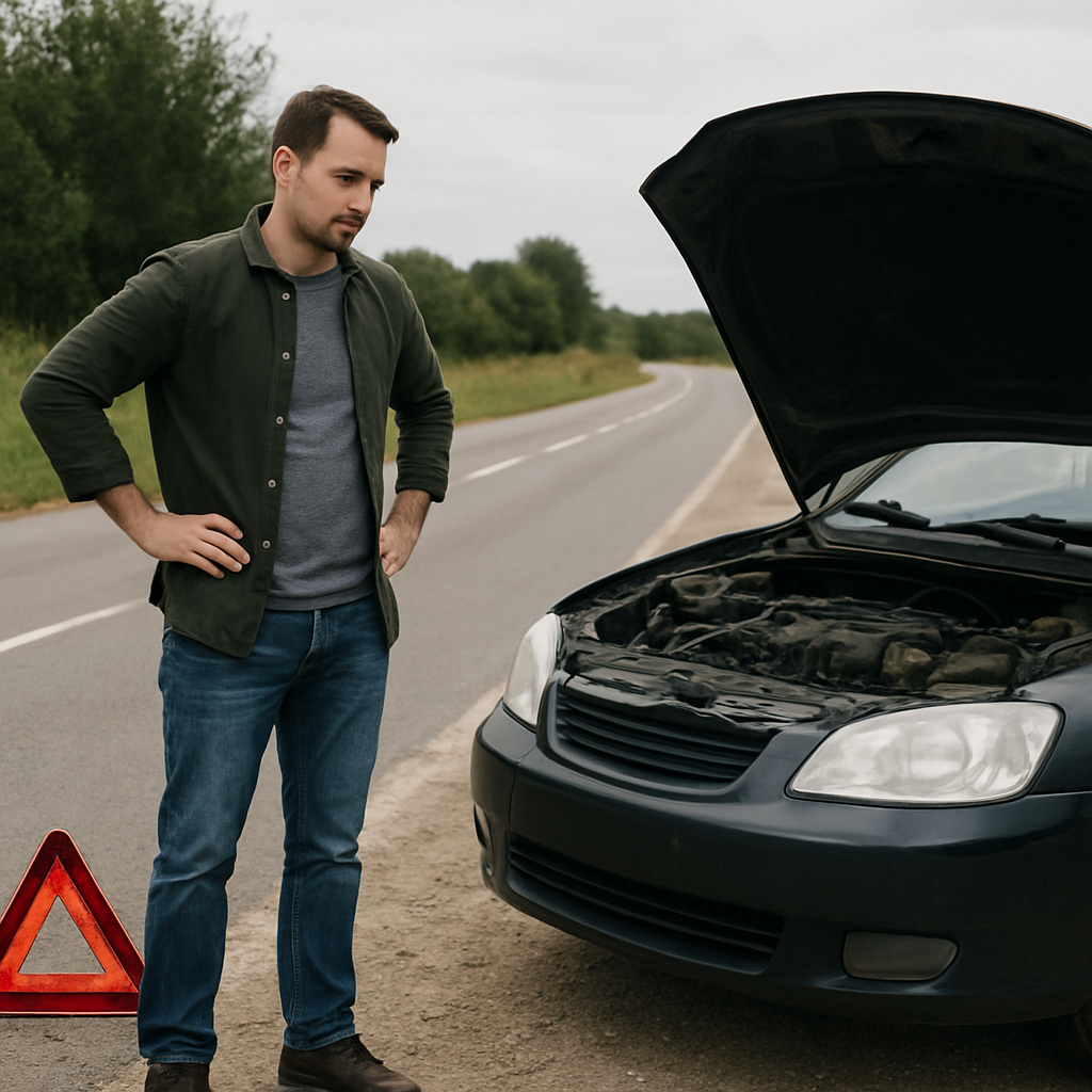 Vairuotojas prie sugedusio automobilio su įspėjamuoju trikampiu