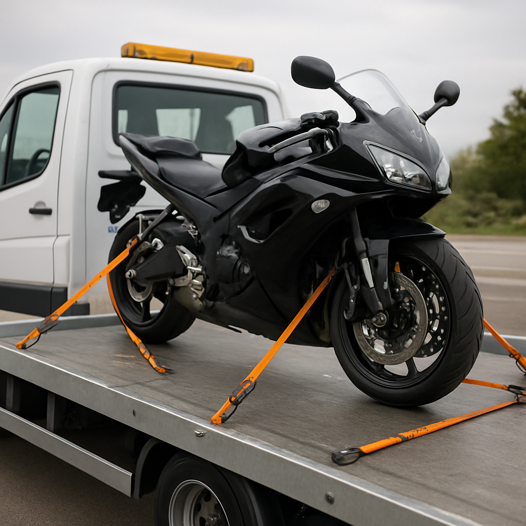 Motociklo pervežimas tralu pritvirtinus saugiais diržais